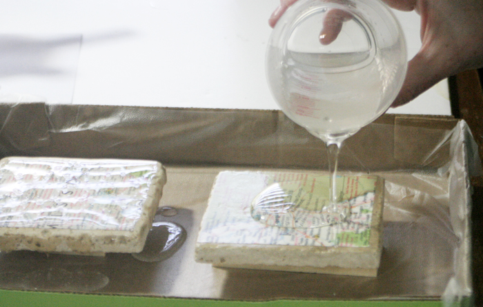 Geographic Tile Coasters - pouring Envirotex Lite onto coasters