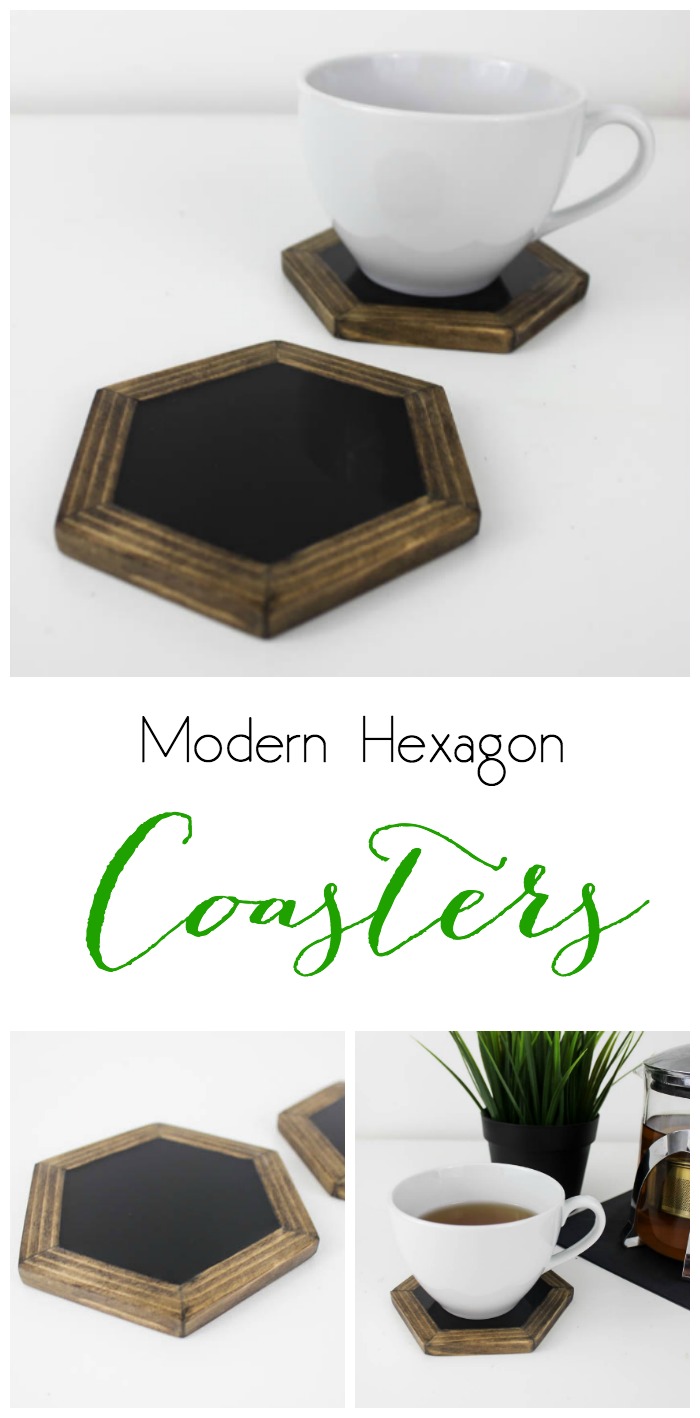 Make your own modern hexagon coasters. Love the look of the wood against the shiny black resin! 