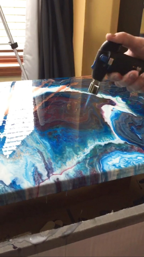 Poured Resin Wall Art - using micro torch to pop resin bubbles