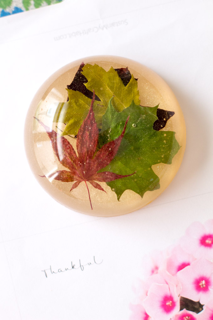 Paperweight made with leaves cast in resin. Collect various colours and types of leaves for this DIY office craft idea.