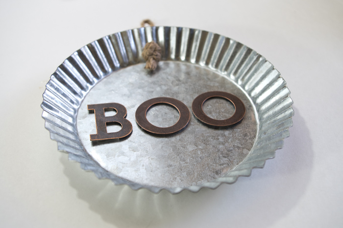 resin Halloween decorations - Boo metal tin - tape letters into place inside tin