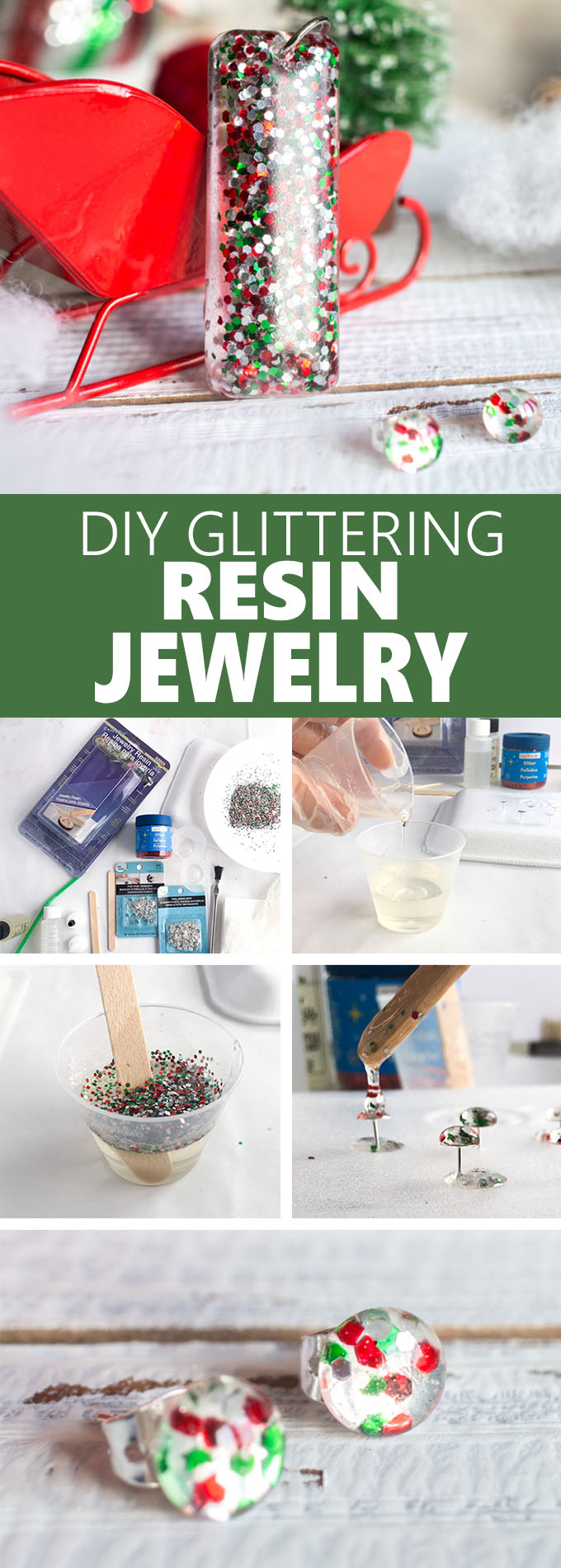 Festive DIY resin earrings! Such a cute and easy gift idea for a child, coworker, family member or friend. Resin jewelry tutorial #resincrafts #resincraftsblog #diyjewelry #diyjewellery #Christmasjewelry