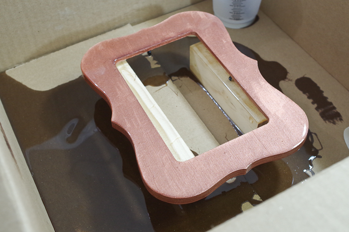 DIY Resin Coated Copper Picture Frame - let cure and remove tape halfway through