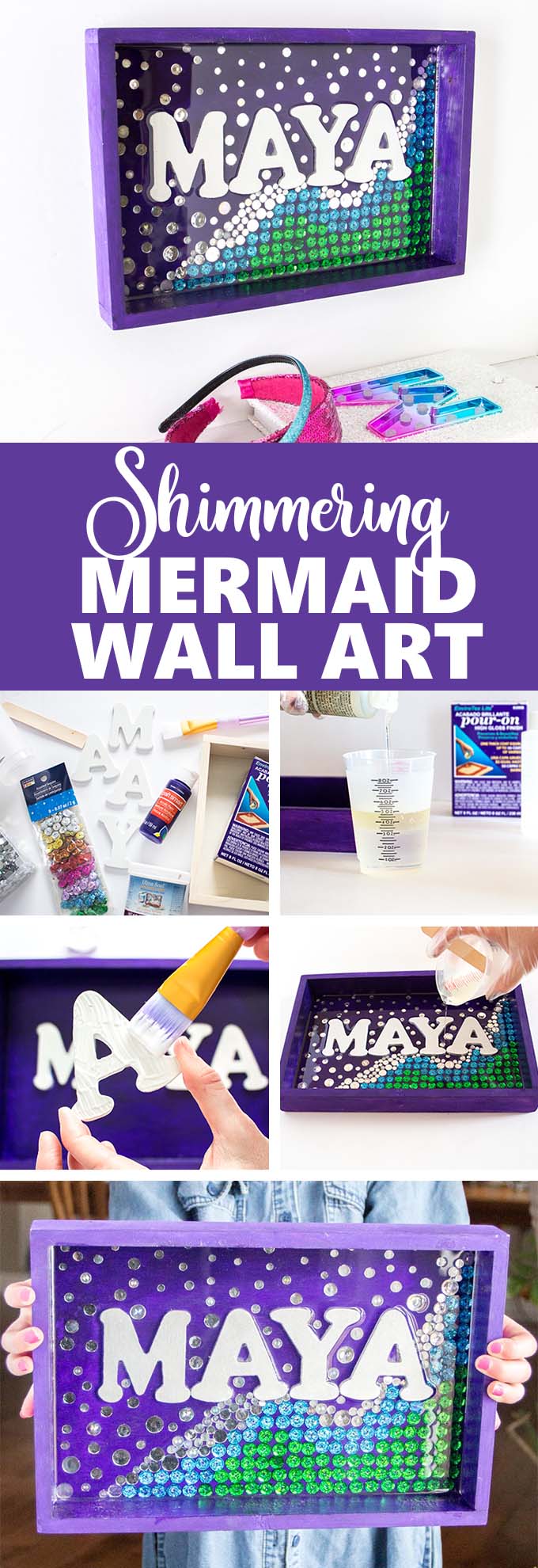 So pretty for a girl's bedroom! Shimmering mermaid wall art name plate with resin. #envirotexlite #resincrafts #resincraftsblog