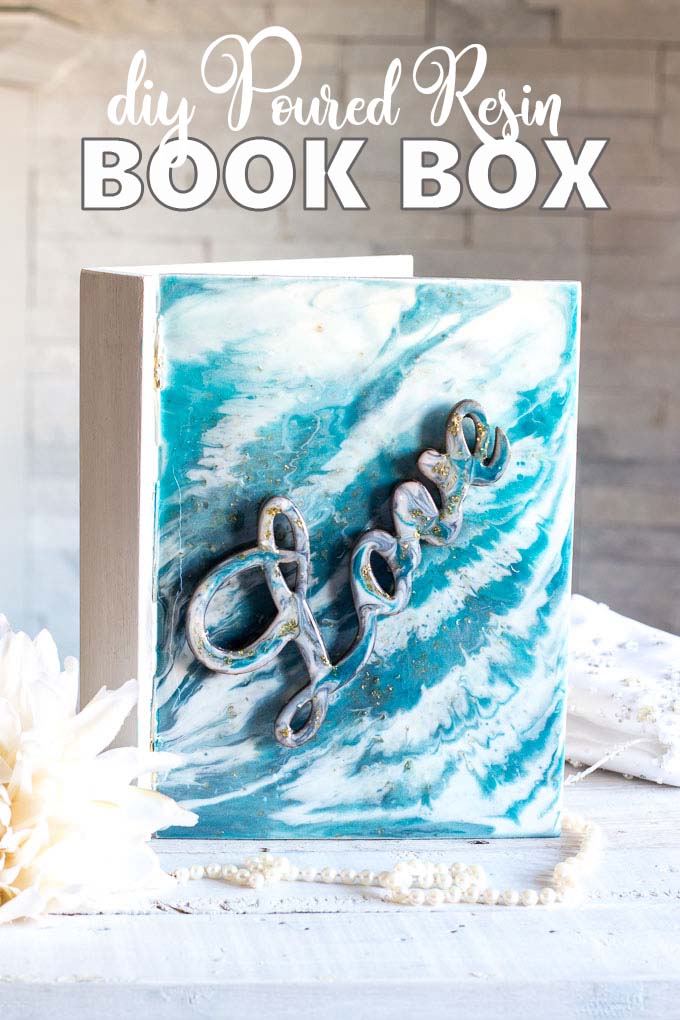 DIY poured resin keepsake book box with love script lettering