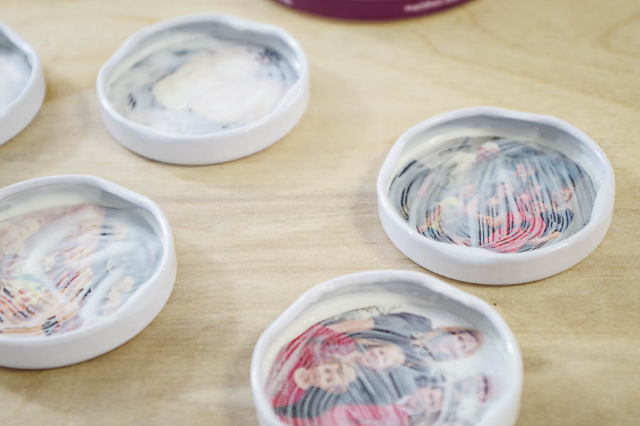 DIY Photo Magnets using resin in milk bottle lids - use ultra seal to glue in photo