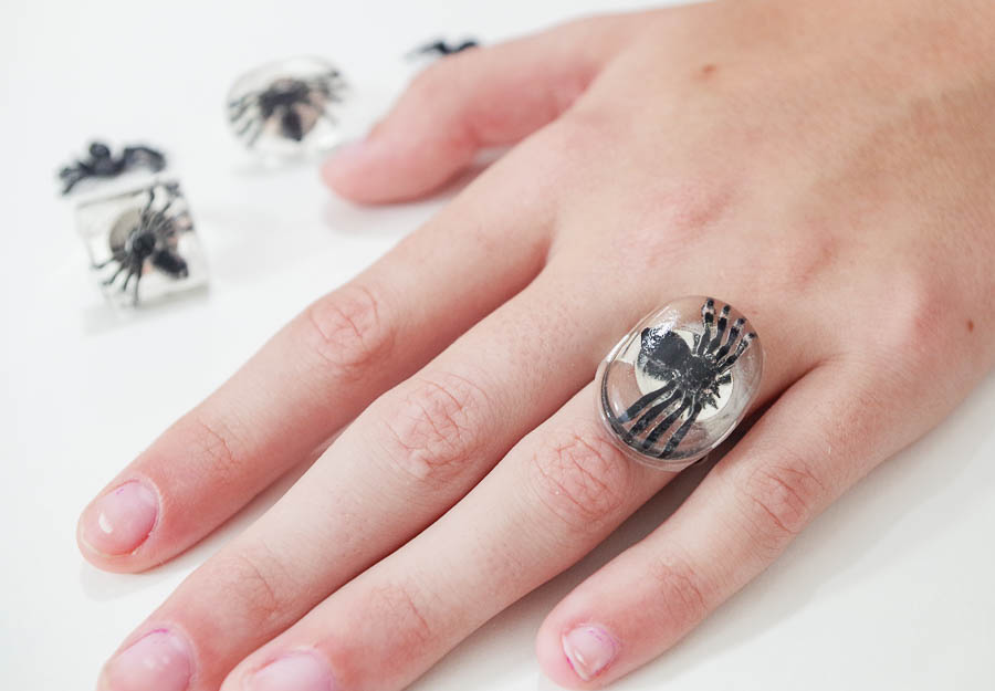 DIY Spider Resin Rings - finished on hand