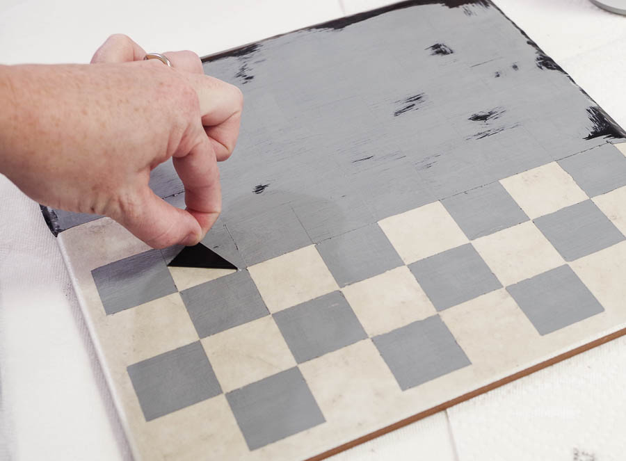 Upcycle Tile to Resin Coated Chess Board - peel off stencil