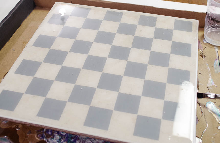 Upcycle Tile to Resin Coated Chess Board - tip to spread resin to all parts of tile