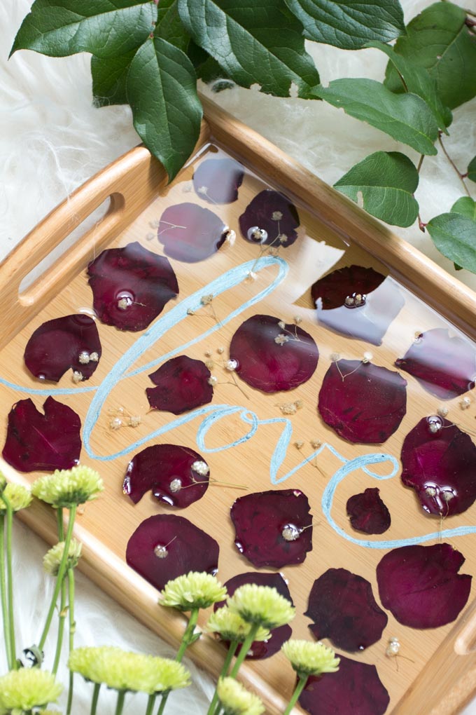 Up close view of the pressed petals serving tray