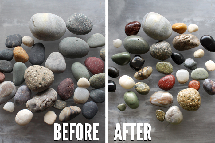 rocks before and after being sprayed with high gloss resin spray and sealer