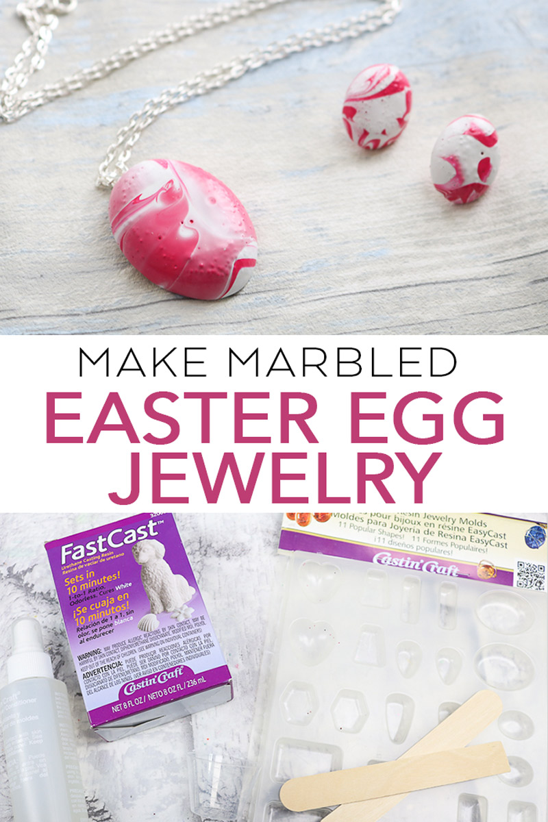 Make an Easter egg necklace and earrings with this simple DIY tutorial and fast cast resin. Includes instructions for adding marbling paint to your craft project! #marbled #easter #spring