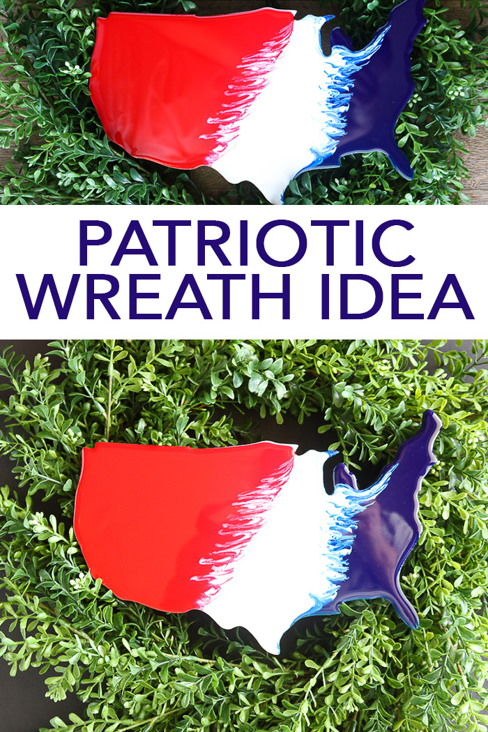 Add this patriotic wreath idea to your front door this summer! A gorgeous wreath with a resin poured cutout of the United States! #patriotic #farmhouse #farmhousestyle