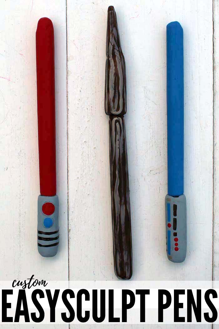 Custom pens made with easy sculpt resin clay to look like star wars lightsabers and magic wands from harry potter