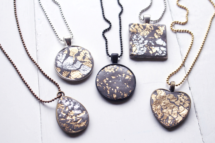 Make a stunning necklace using Envirotex Resin Jewelry Clay with gold and silver leafing. Great crafts for Summer camp or a Girl's night!