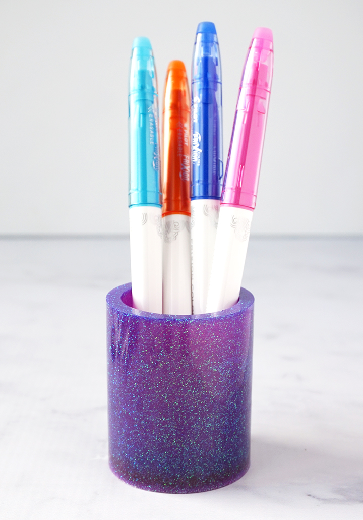 Purple Glittered Resin Pencil Cup with Markers