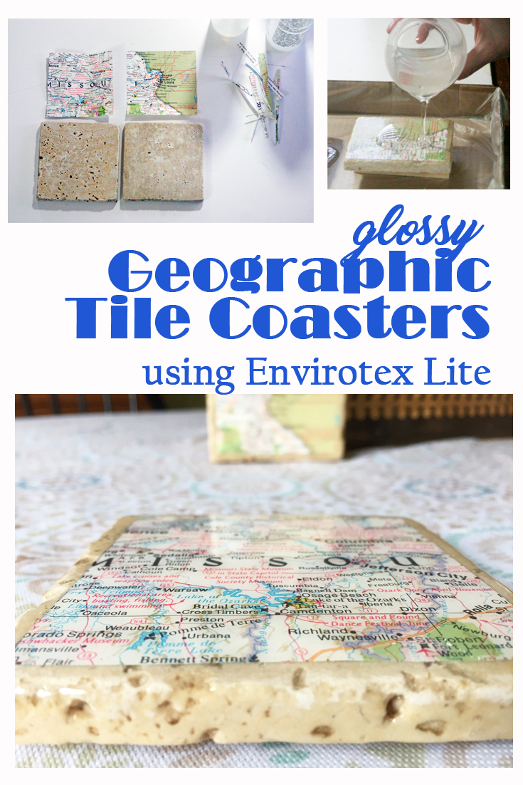Check out how to make these awesome and glossy Geographic Tile Coasters! It's a simple process with a huge impact! The options are endless with Envirotex Lite!  (crafts, diy, coasters, envirotex lite, epoxy, resin) via @resincraftsblog