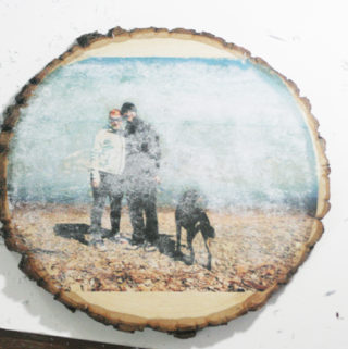 Glossy Wood Slice Photo Transfer - check paper with water, if white, rub more