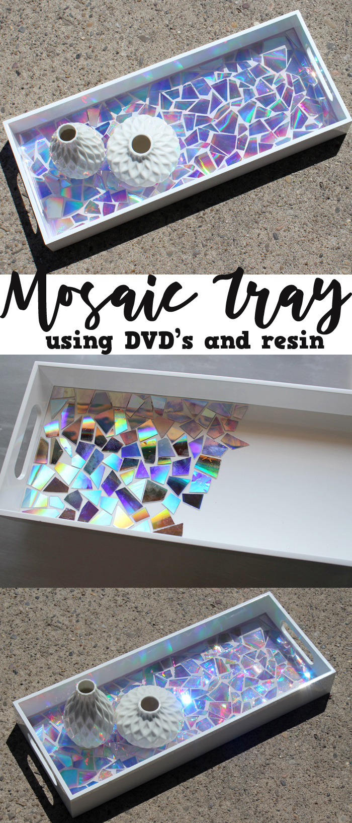 Use old DVD's as mosaic tiles and create a stunning work of art sealed with Envirotex Lite High Gloss resin finish.  Awesome Recycled/repurposed craft DIY! via @resincraftsblog