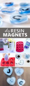 DIY fridge magnets made with resin. Monogram heart-shaped magnets. Fun back-to-school craft idea.