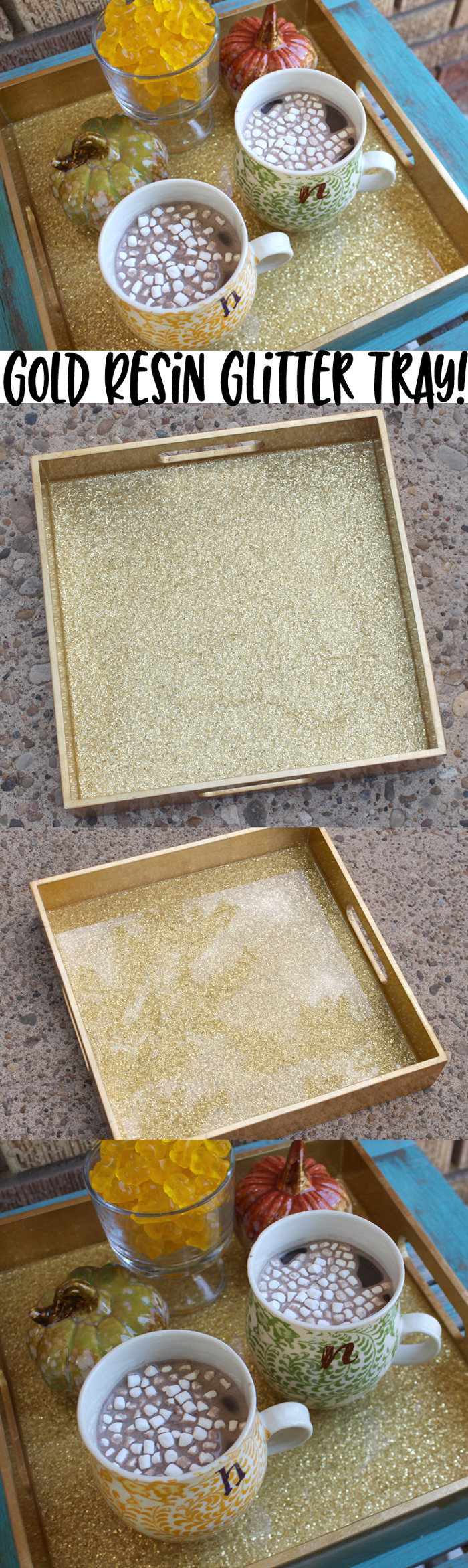 Gold glitter and sparkles are perfection for Autumn and that transition into Winter.  This glitter tray is the perfect bed tray for hot chocolate or other goodies. via @resincraftsblog