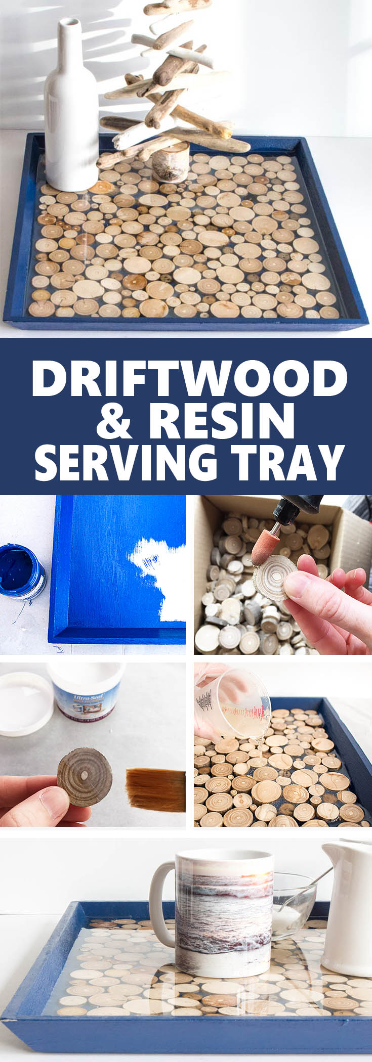 DIY serving tray with driftwood slices and EnviroTex Lite Pour-On Resin. Gorgeous handmade home decor or gift idea. #CoastalStyle #ResinCrafts #ResinDecor #ResinCraftsBlog via @resincraftsblog