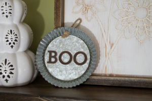 resin Halloween decorations - Boo metal tin - finished and displayed on shelf