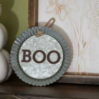 resin Halloween decorations - Boo metal tin - finished and displayed on shelf