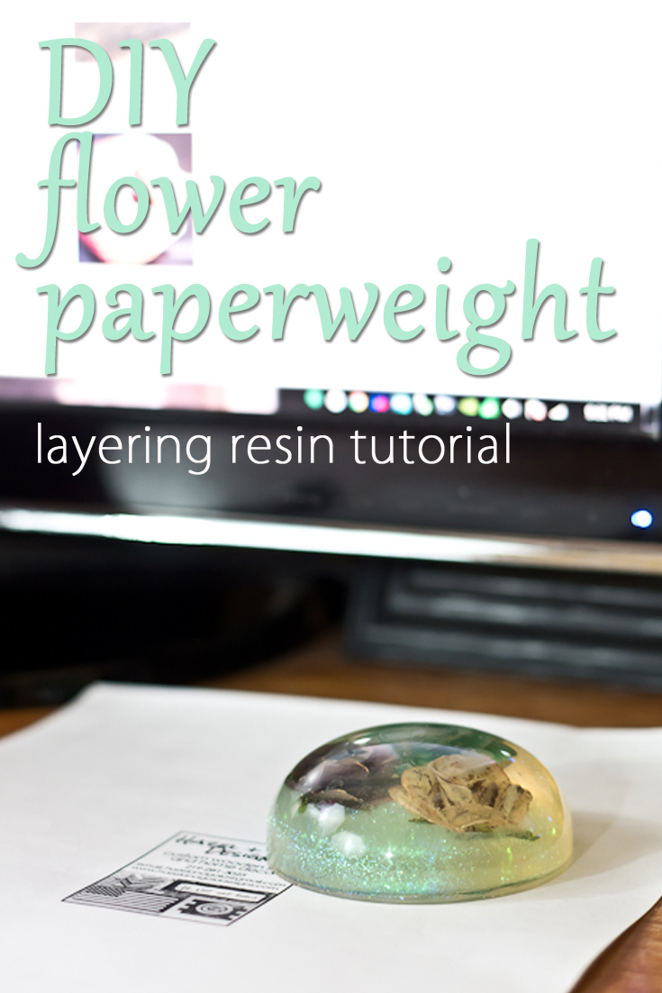 Layering Resin to make paperweight- pinterest image via @resincraftsblog