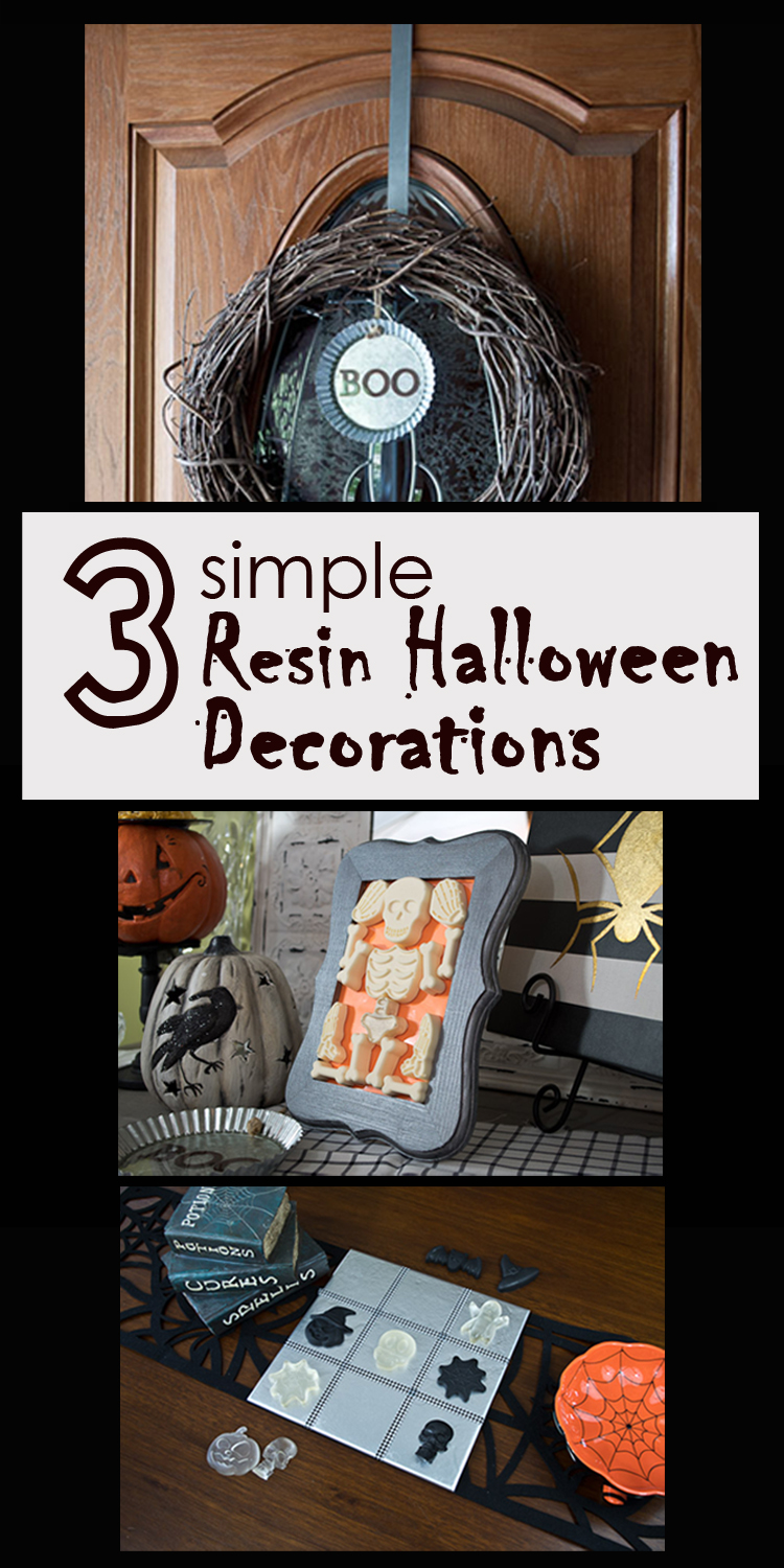 Check out how I made these three simple Resin Halloween Decorations! The "framed" skeleton, the "Boo" hanging tin, and the Halloween "Tic-Tac-Toe" game. So fun! via @resincraftsblog
