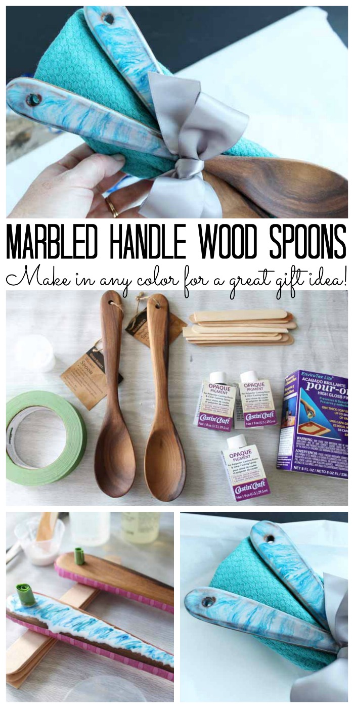 Make these marbled handle wood spoons as a great gift idea this holiday season! via @resincraftsblog