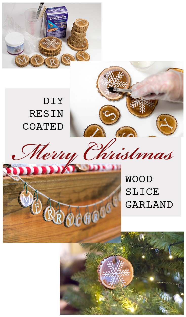 Resin Coated Holiday Wood Slice Garland - Learn how I upgraded my current Christmas decor by making this beautiful and shiny Resin Coated Holiday Wood Slice Garland using Envirotex Lite.  via @resincraftsblog
