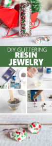 Festive DIY resin earrings! Such a cute and easy gift idea for a child, coworker, family member or friend. Resin jewelry tutorial #resincrafts #resincraftsblog #diyjewelry #diyjewellery #Christmasjewelry