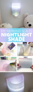 So clever! Mermaid-themed shade for a nightlight. Learn how to make a resin paper DIY night light cover. Cute kids bedroom decor. #resincrafts #resincraftsblog #mermaid #nightlight