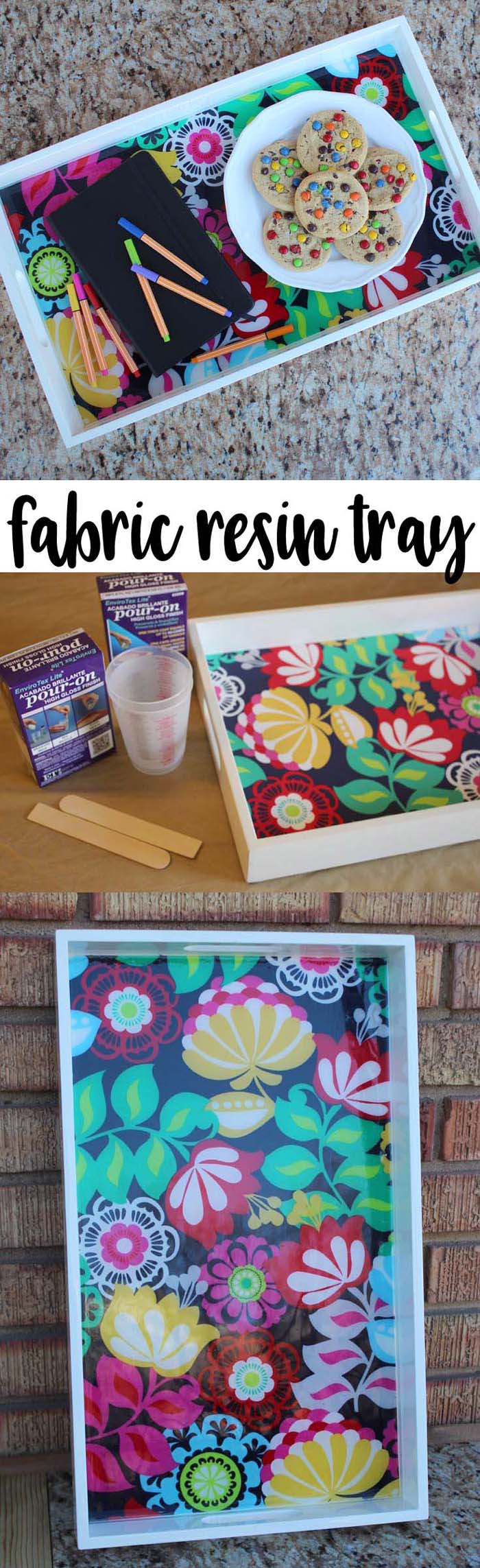Make a stunning serving tray with colorful fabric and high gloss resin, perfect for any occasion!   via @resincraftsblog