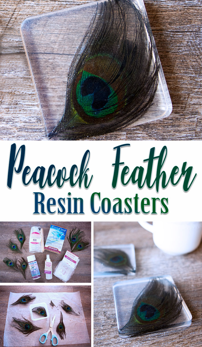Make these easy Peacock Feather Coasters with EasyCast Clear Casting Epoxy. #resinproject #peacock #coasters via @resincraftsblog
