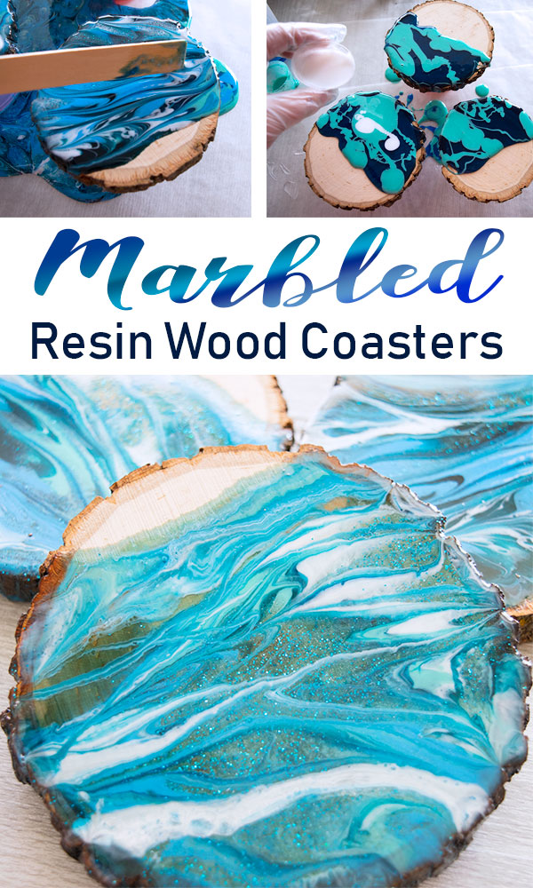 Make these beautifully marbled wood coasters by pouring tinted resin.  See the easy DIY Tutorial on the Resin Crafts Blog! #resin #resinproject #marble via @resincraftsblog