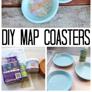 Make these DIY map coasters for your home! Use terra cotta saucers for coasters that look great indoors or out!