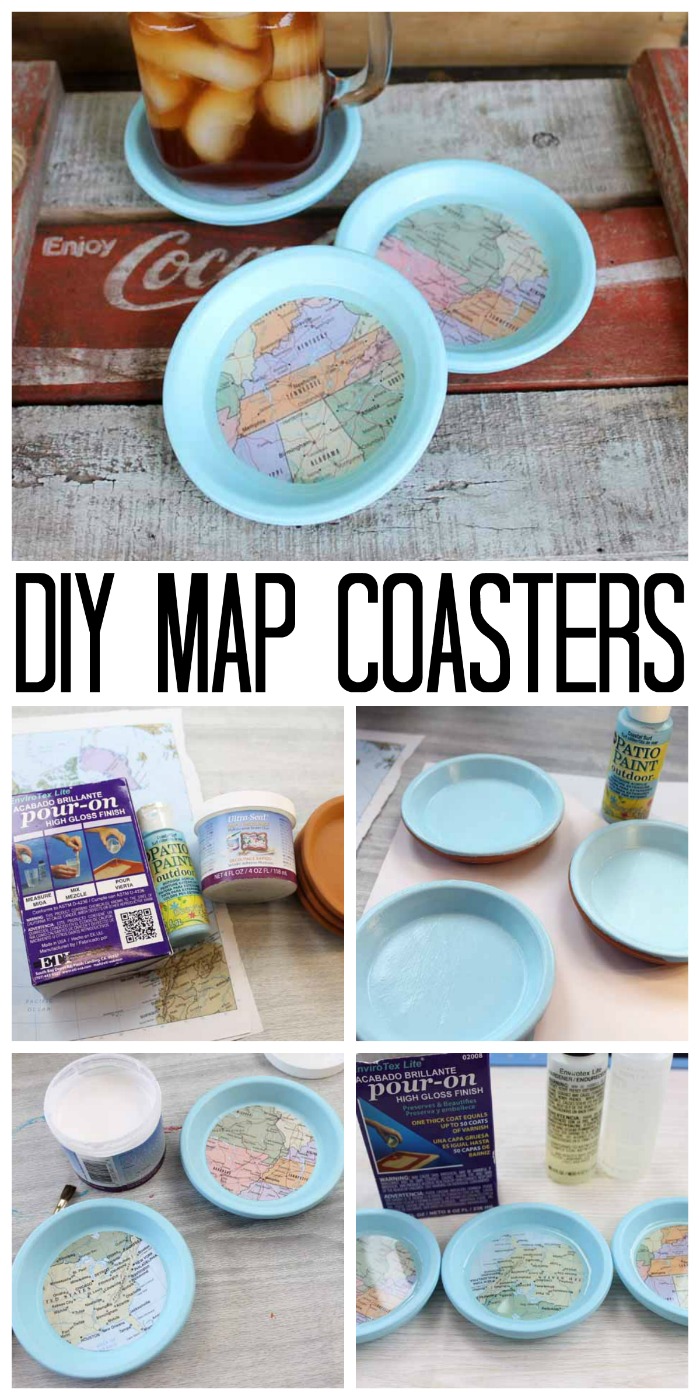 Make these DIY map coasters for your home!  Use terra cotta saucers for coasters that look great indoors or out! via @resincraftsblog