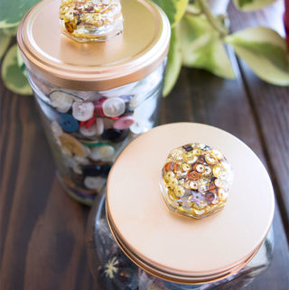 Sequin Resin Knobs on Repurposed Jars for Vintage Buttons