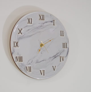 Wood and Resin Clock- hang your clock and admire the beautiful light gray faux marble