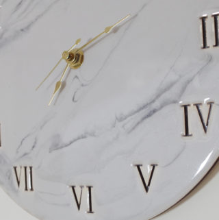 Wood and Resin Clock- hang your clock and admire the beautiful light gray faux marble close up