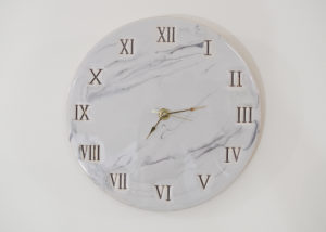 Wood and Resin Clock- hang your clock and admire the beautiful light gray faux marble