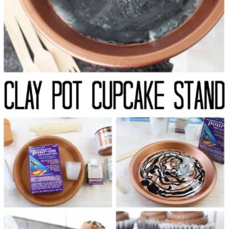 Make your own clay pot cupcake stand with a few supplies! Includes instructions for adding marbled resin to the bottom for a fun granite like effect! #resin #party #cupcakes