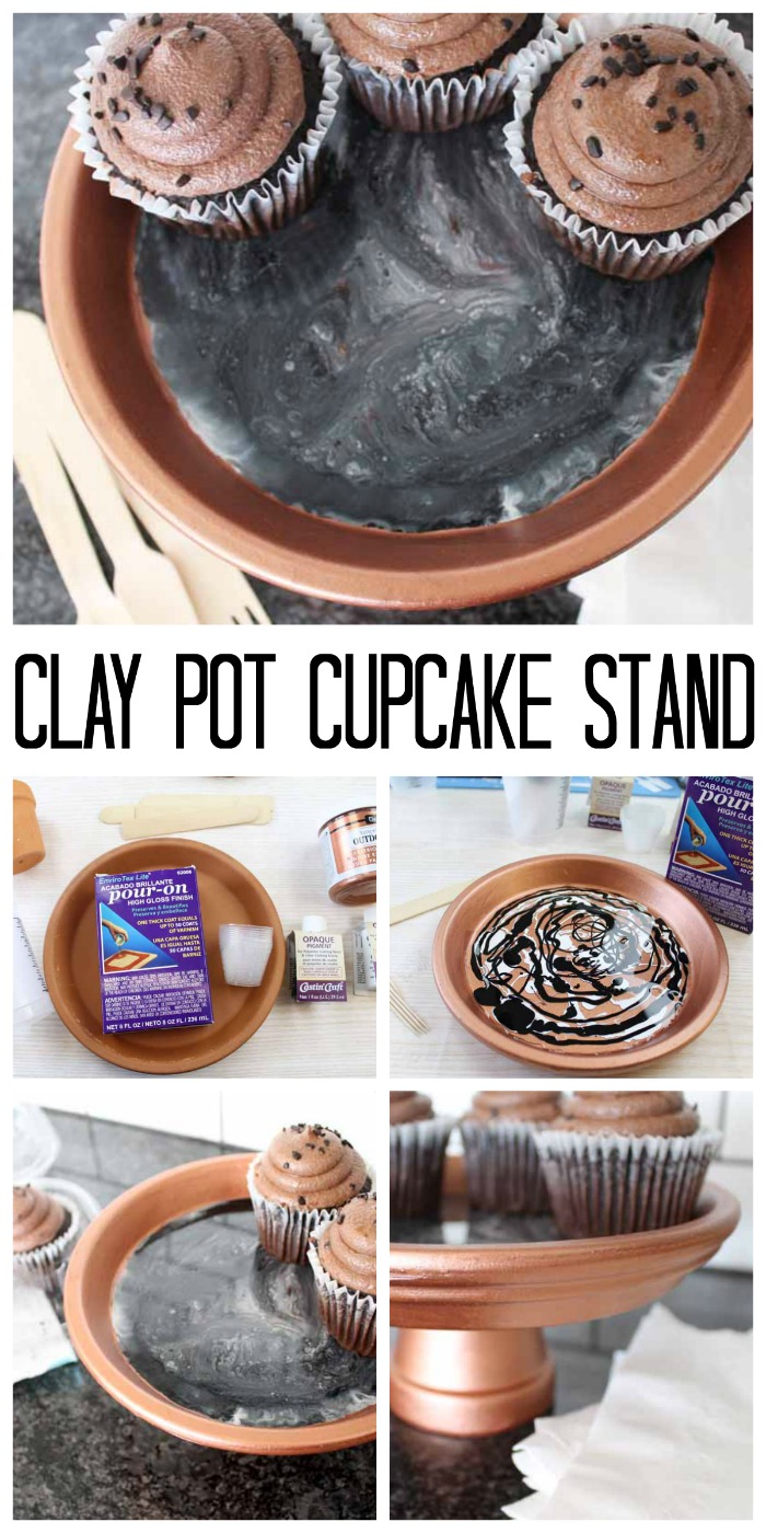 Make your own clay pot cupcake stand with a few supplies!  Includes instructions for adding marbled resin to the bottom for a fun granite like effect!  #resin #party #cupcakes via @resincraftsblog