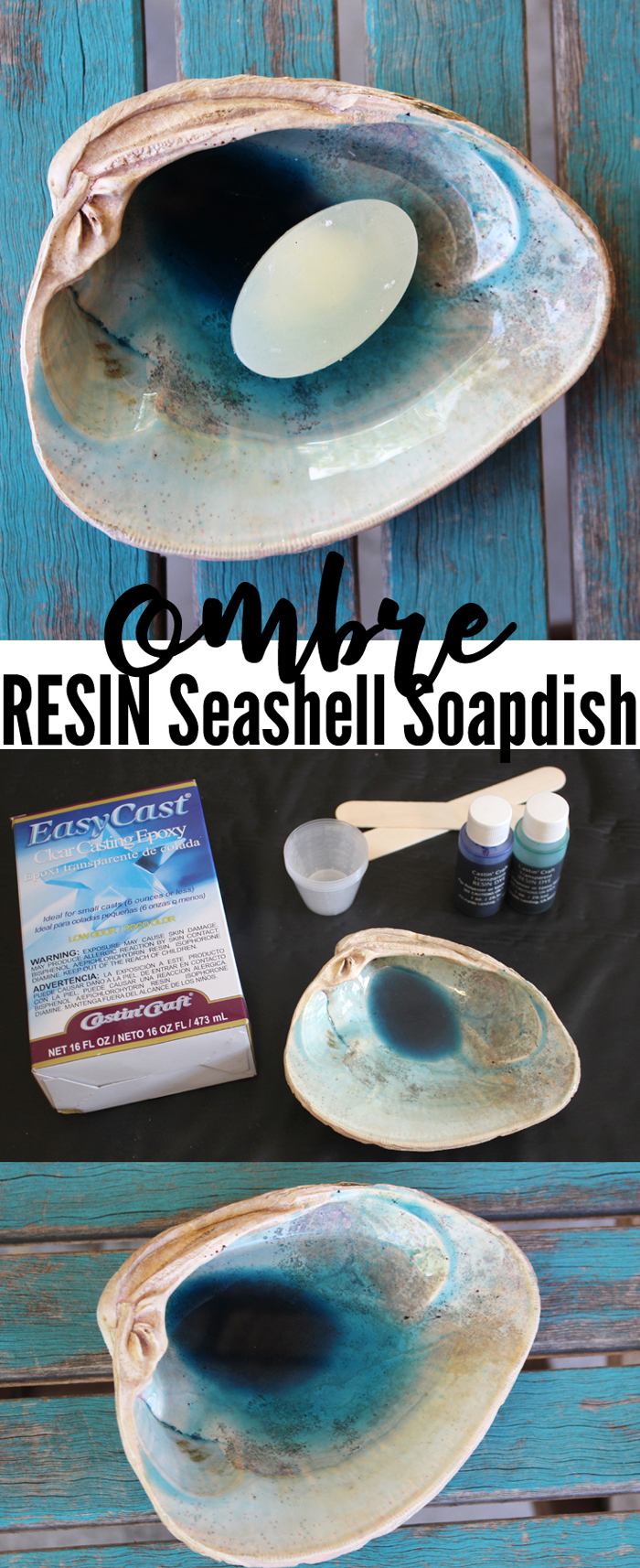 Make an ombre resin seashell soap dish that looks like a geyser lake of Yellowstone, using EasyCast Resin.  Perfect for a beach themed bathroom! via @resincraftsblog