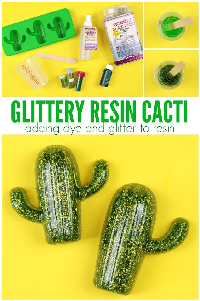 Learn how to add dye and glitter to resin to make adorable glittery cacti! via @resincraftsblog