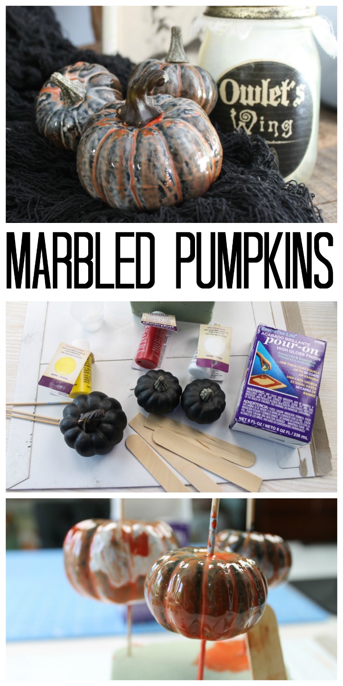 These marbled resin pumpkins are easy to make and perfect for your Halloween and fall decor!  Choose the colors you love and just pour!  via @resincraftsblog