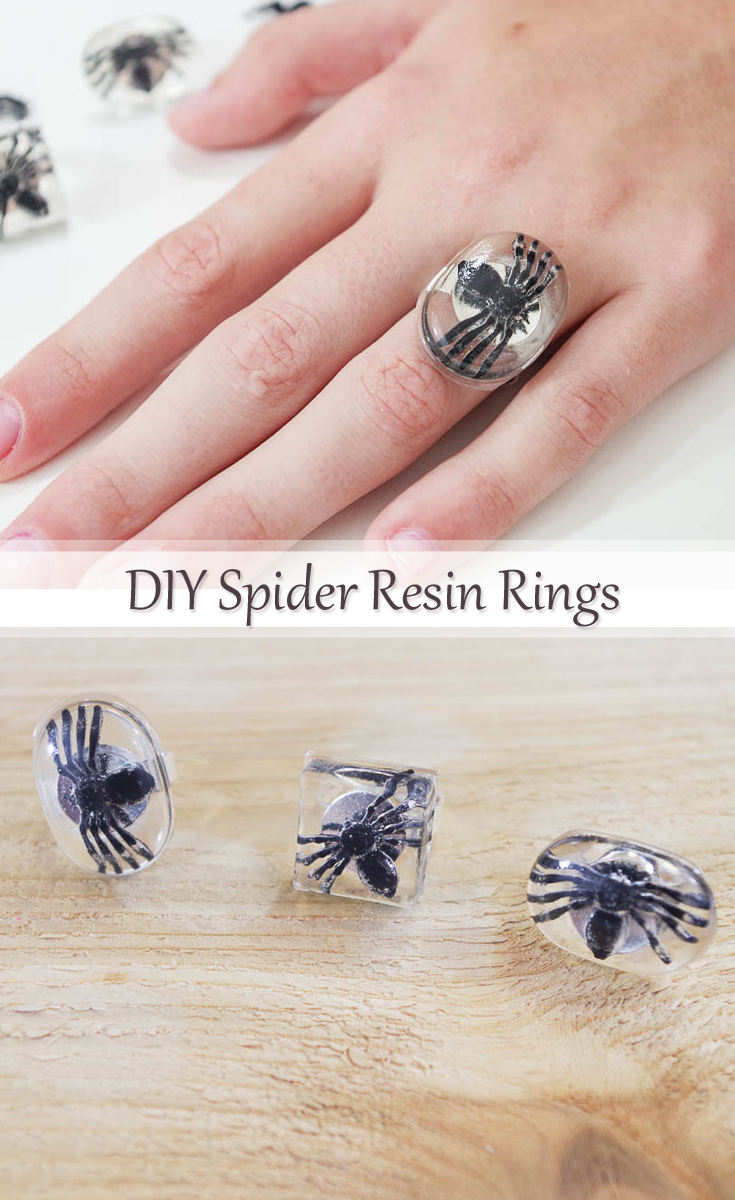 DIY Spider Resin Rings - Check out how to make creepy yet awesome DIY Spider Resin Rings. It's a quick and simple project and they'd go great with any Halloween outfit or costume. via @resincraftsblog
