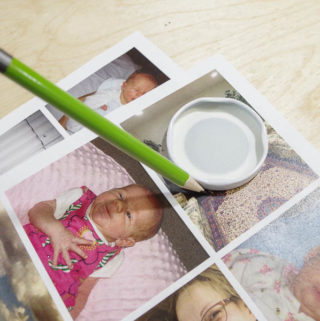 DIY Photo Magnets using resin in milk bottle lids - trace around lid on photo